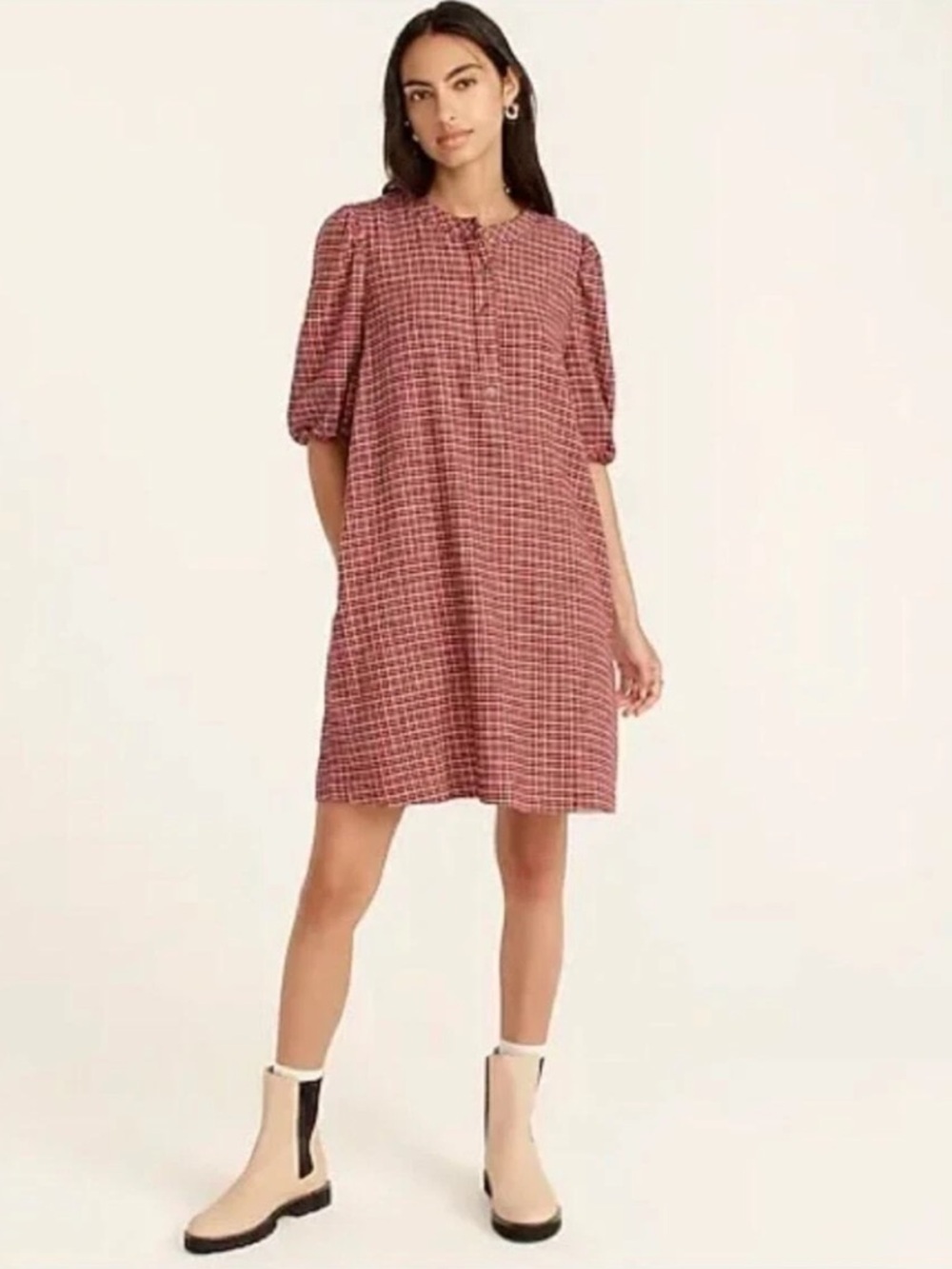 J. Crew Pink Red Checked Puff-Sleeve Mini Dress